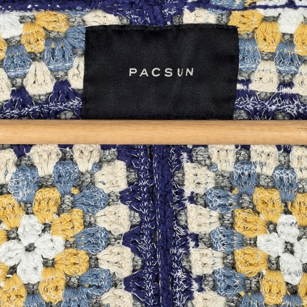 PACSUN ESTATE CROCHET CARDIGAN – MEN’S LARGE – BLUE/YELLOW/WHITE – 100% COTTON - Picture 5 of 11